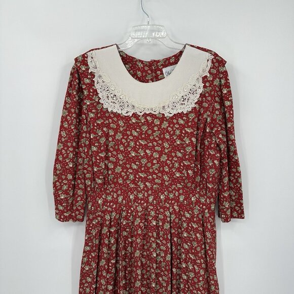 vintage 80s COTTAGECORE HOLIDAY dress midi lace bib floral prairie 3/4 sleeve L - Picture 4 of 7